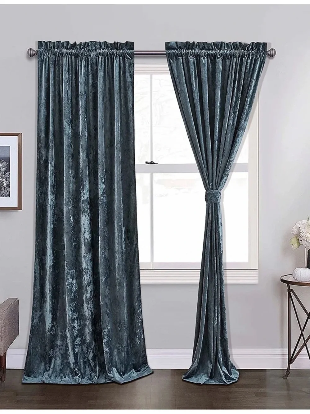 Velvet Rod Pocket Window Curtains - Slate Blue 100x96in